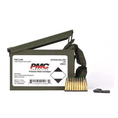 PMC X-Tac Rifle Ammunition 5.56 Nato 62gr FMJ Green Tip M855 840rd Stripper Clips Ammo Can - $439.99 (S/H $19.99 Firearms, $9.99 Accessories)